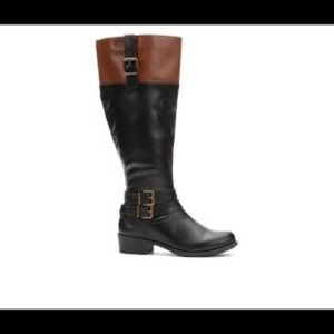 Solanz Grammercy Riding Boots Ladies Size 8 Medium Two Tone Black Brown Buckle